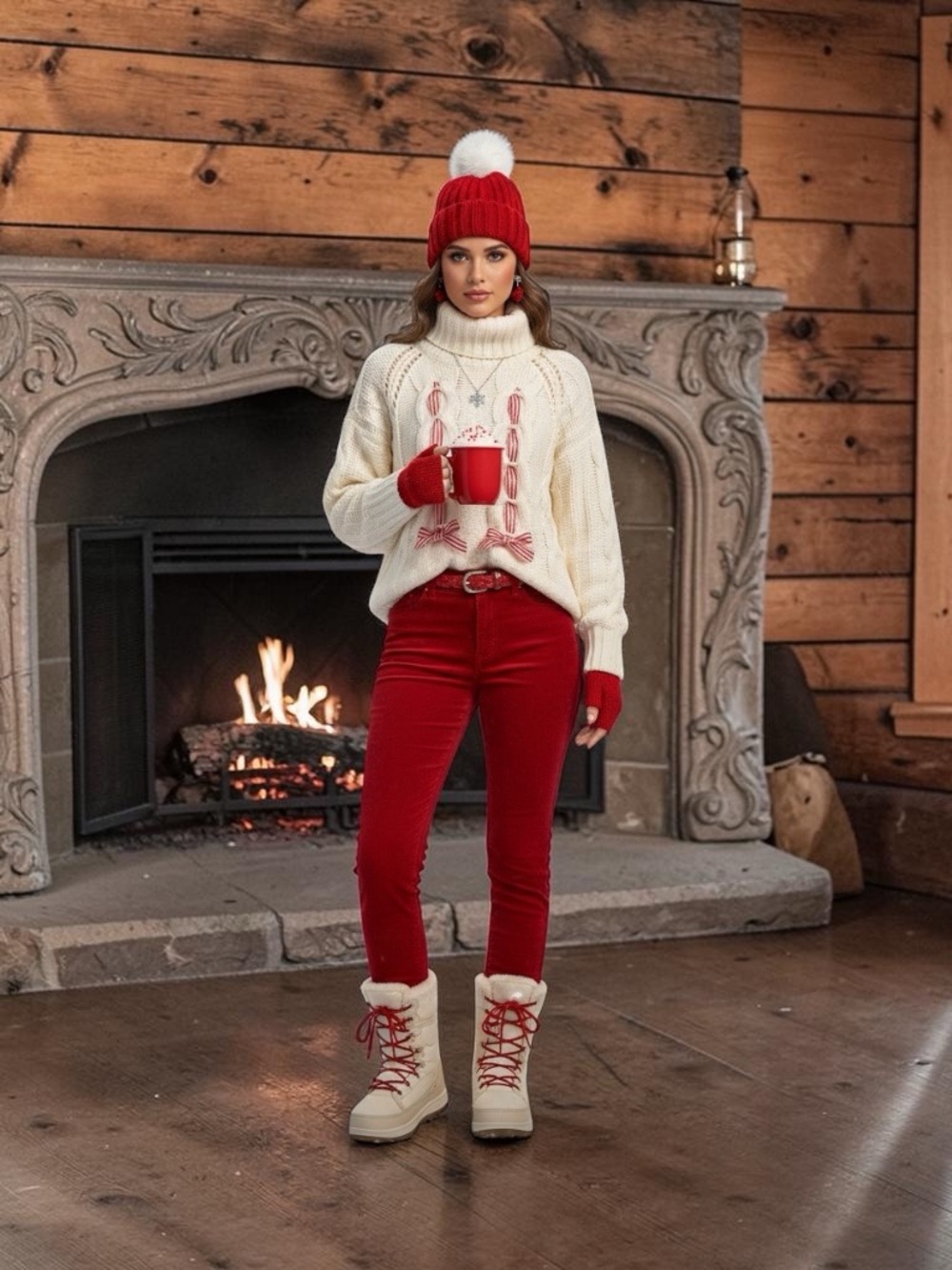 Cozy Cream Cable-Knit Turtleneck Sweater with Red Accent